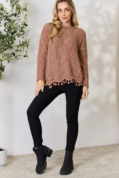 Mocha Latte Tassel Trim Long Sleeve Sweater