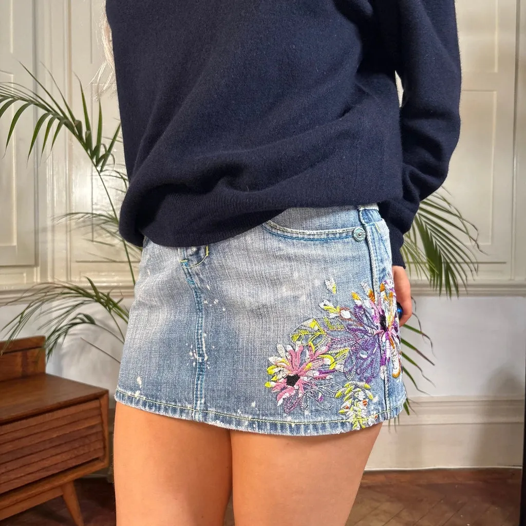 O Due Jeans Embroidered Denim Skirt - 28W UK 8 Blue Cotton