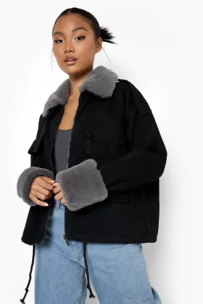 Petite Detachable Faux Fur Trim Denim Jacket