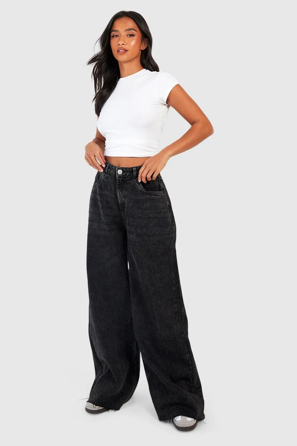 Petite Washed Black Raw Hem Wide Leg Jeans