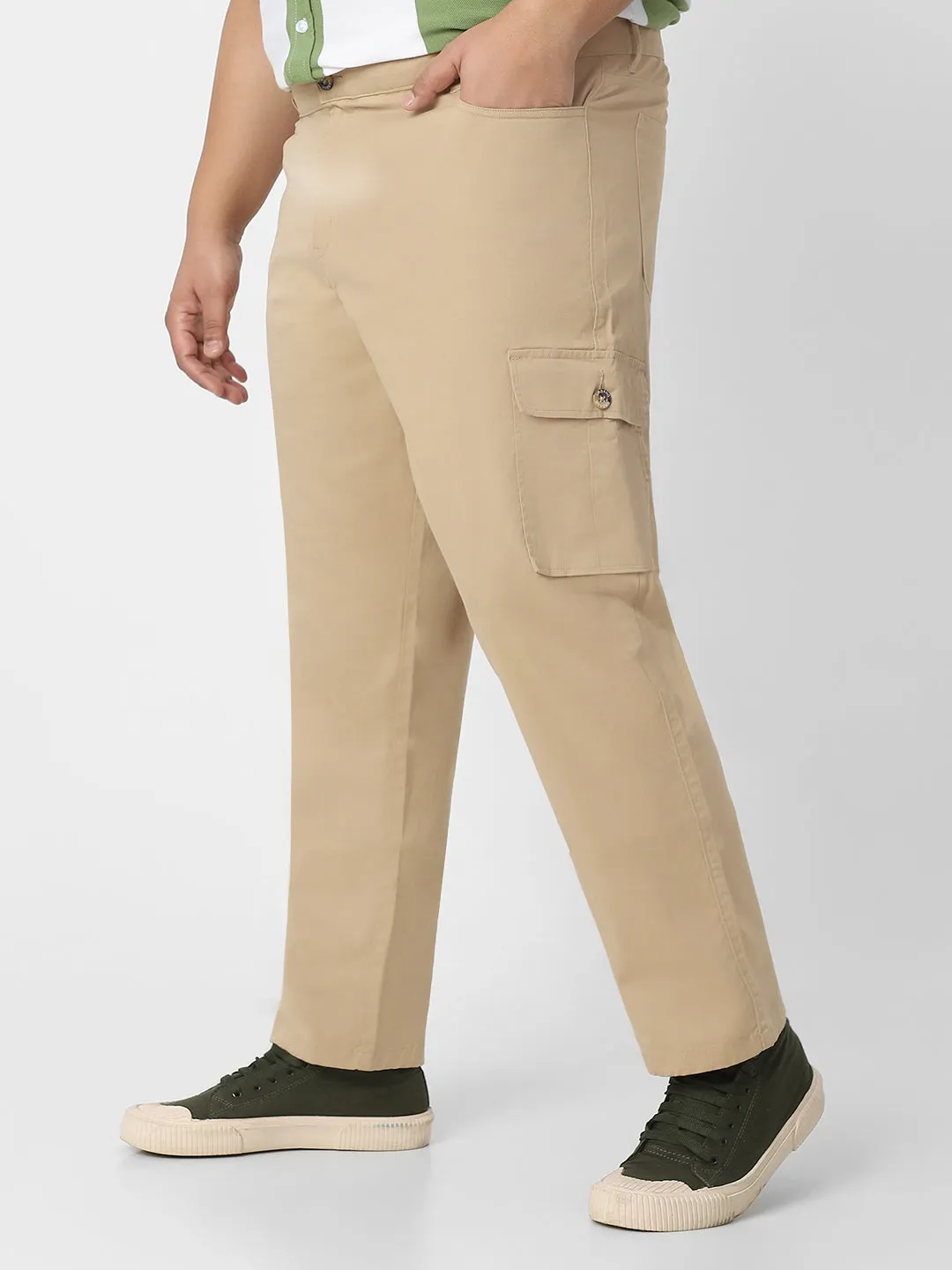 Plus Men's Khaki Regular Fit Solid Cargo Chino Pant with 6 Pockets Stretchable