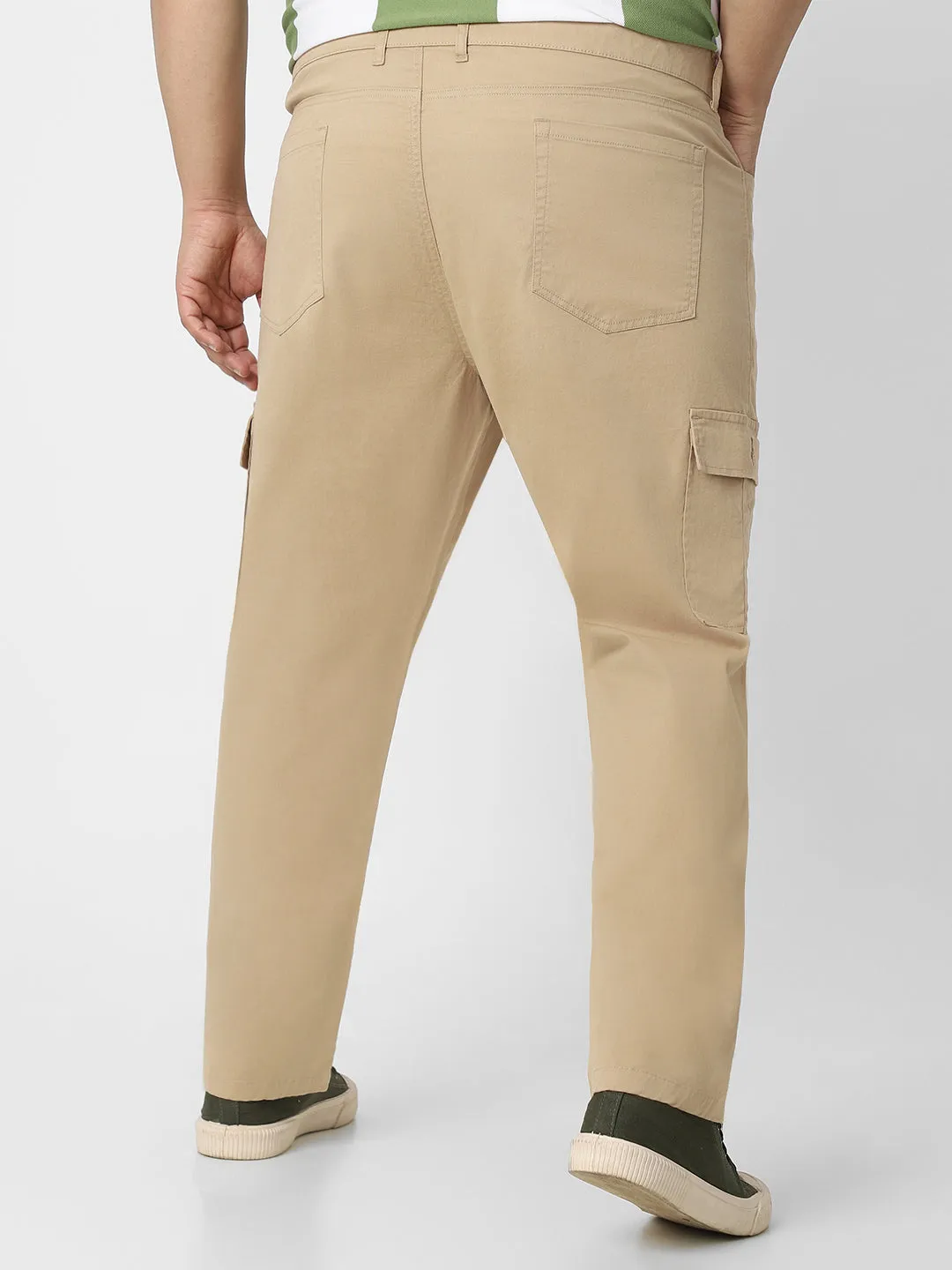 Plus Men's Khaki Regular Fit Solid Cargo Chino Pant with 6 Pockets Stretchable