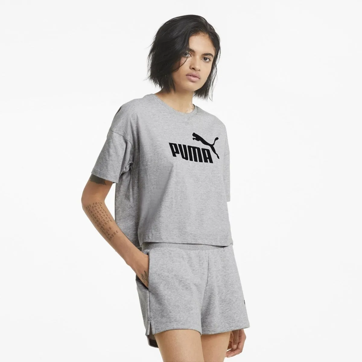 PUMA WOMEN'S CROPPED LOGO GREY TEE