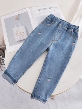 So Berry Cute Strawberry Embroidered Blue Jeans