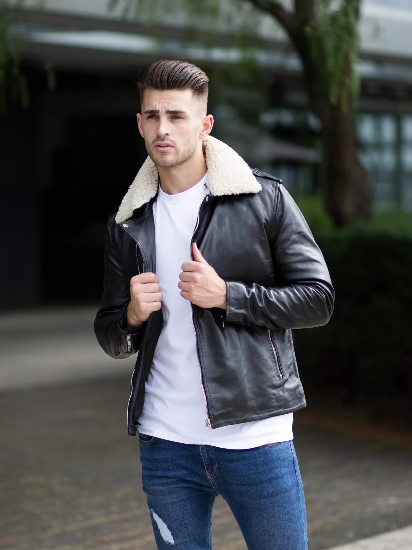 Stylish Black Mens Leather Jacket With Fur Collar