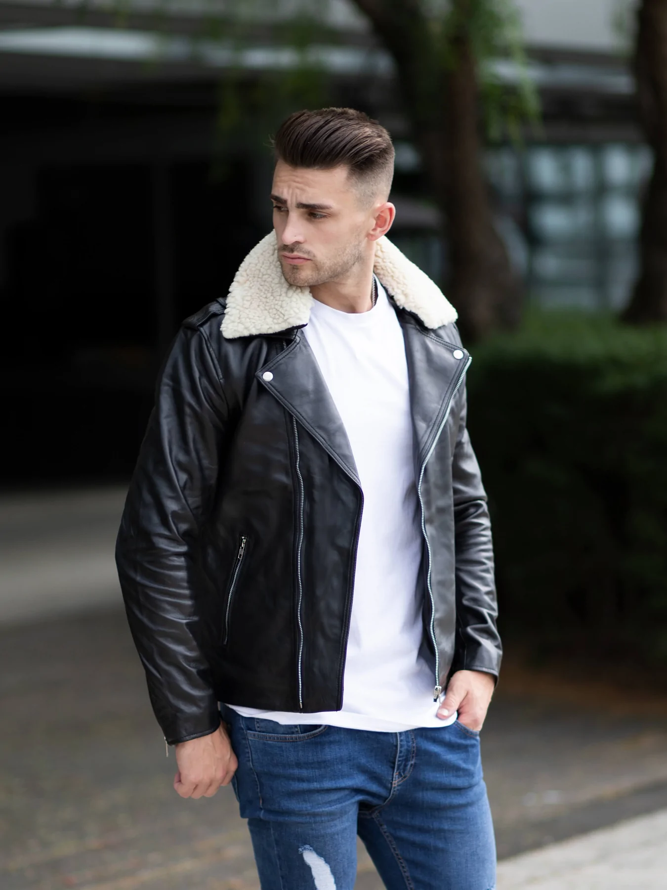 Stylish Black Mens Leather Jacket With Fur Collar