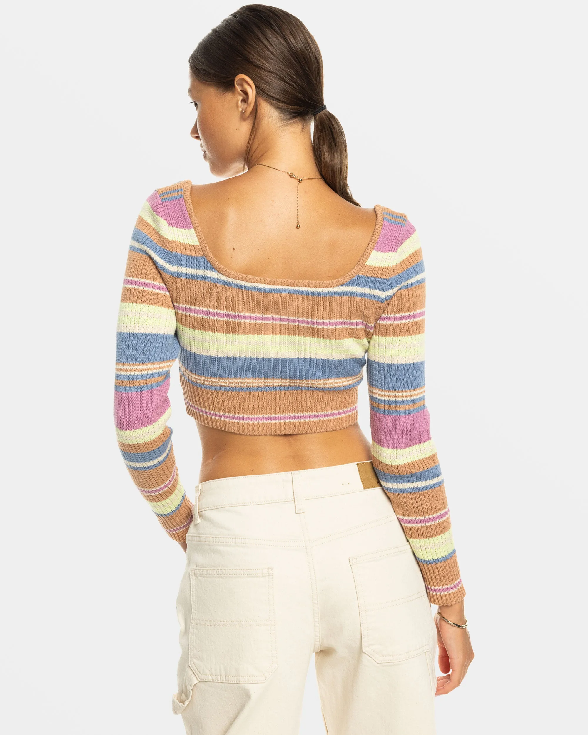 Sunshine Day Cropped Sweater Top - Camel Swithbackstripe Sweaters