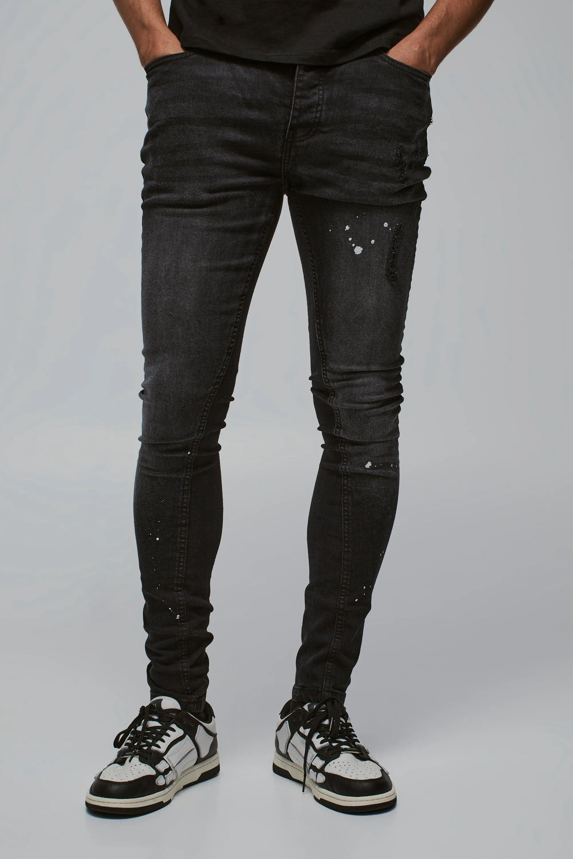 Super Skinny Distressed Paint Splat Jeans | boohooMAN UK