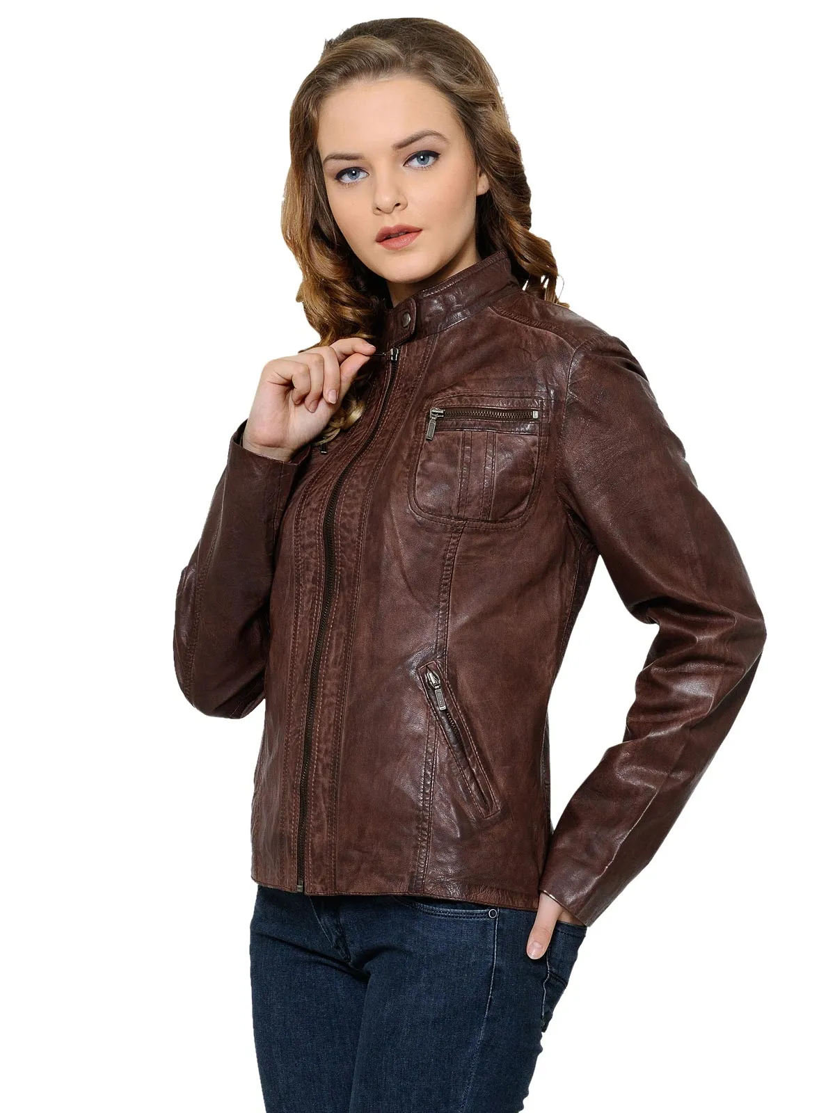 Teakwood Brown Women Genuine Leather Jacket