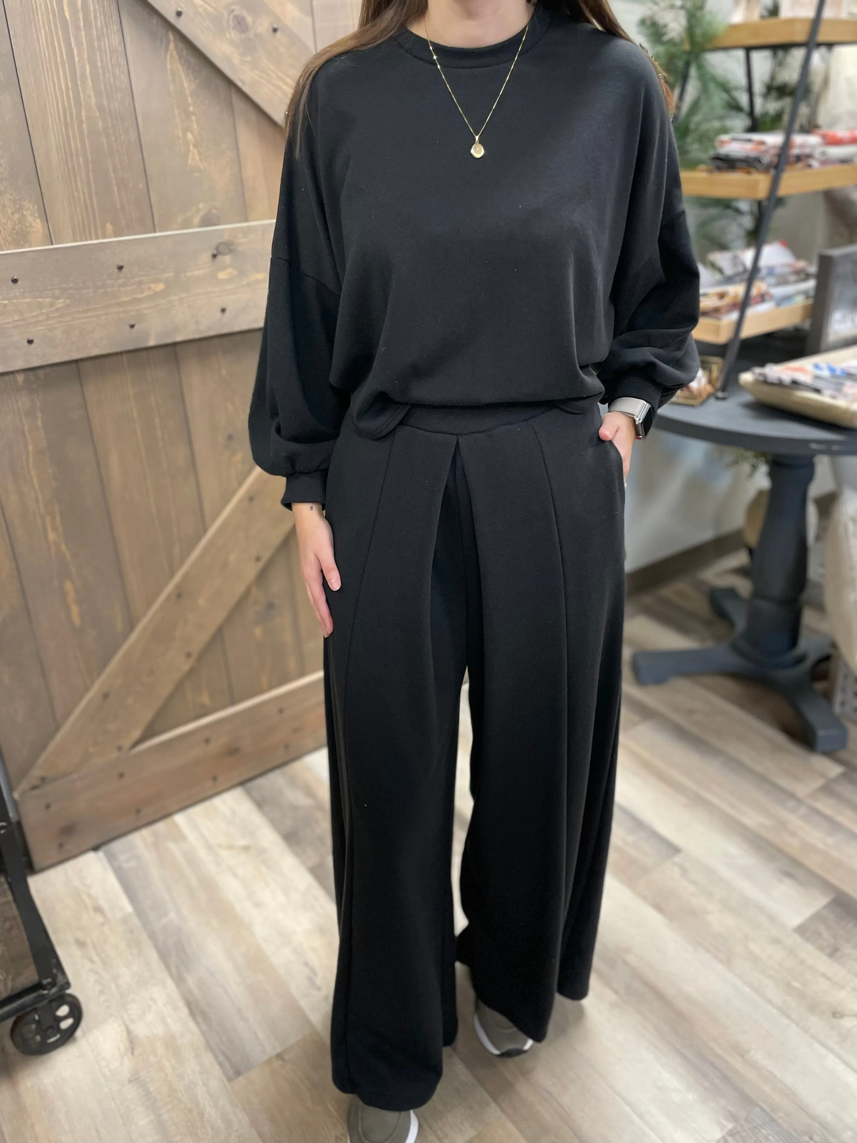 Terry Wide Leg Pant | Black | Sweatpants