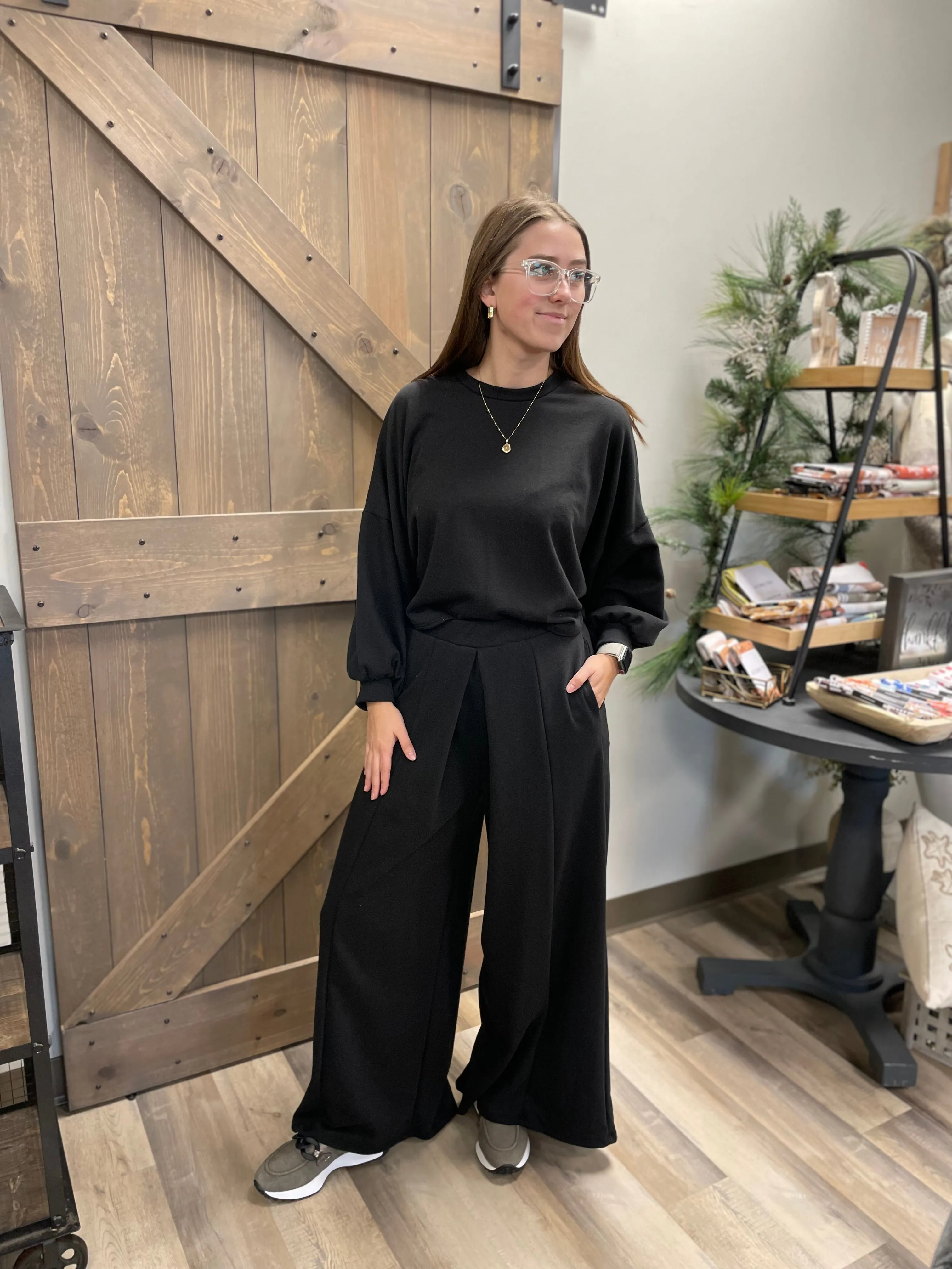 Terry Wide Leg Pant | Black | Sweatpants