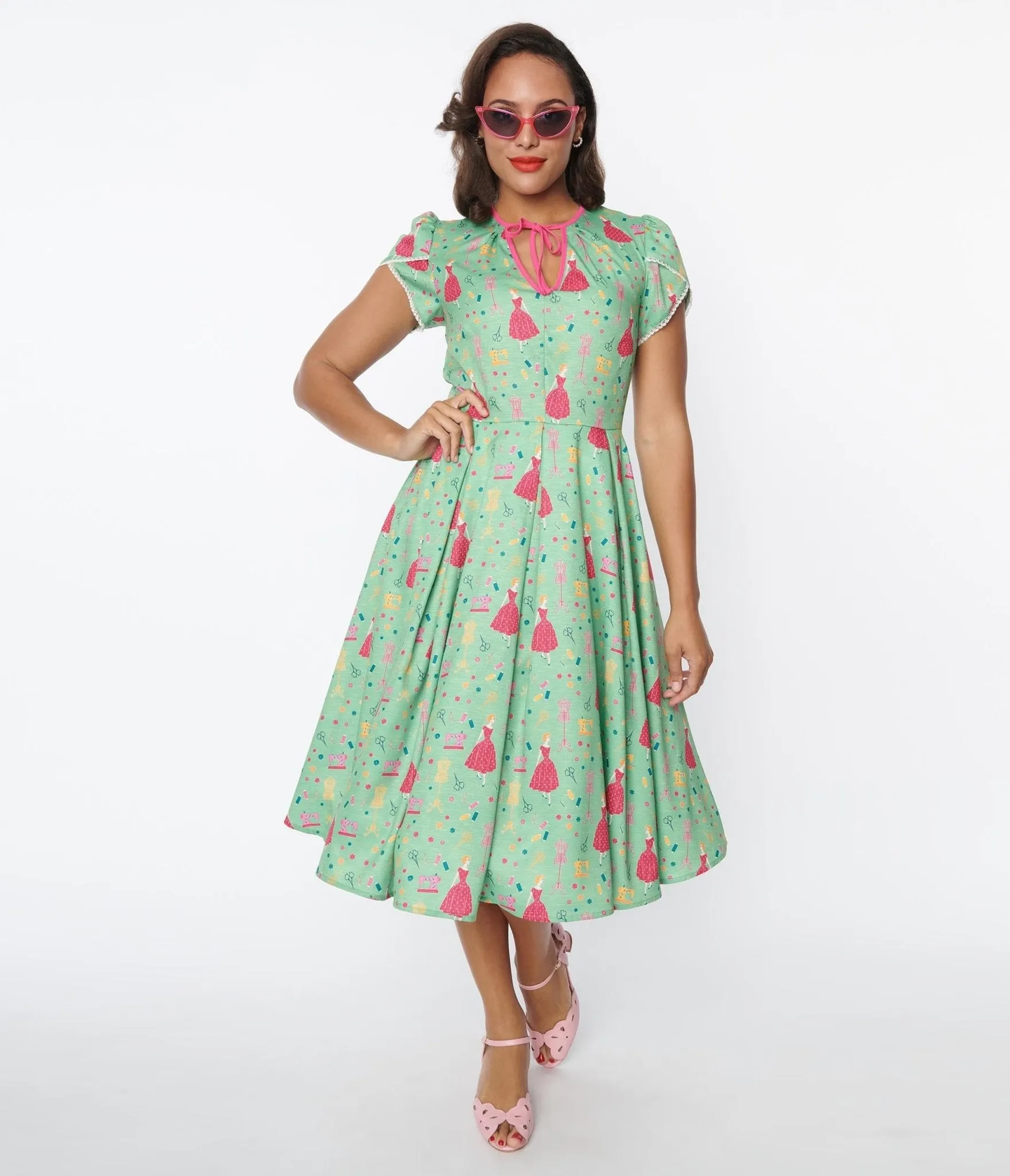 Unique Vintage 1940s Sage & Retro Sewing Print Dahlia Swing Dress