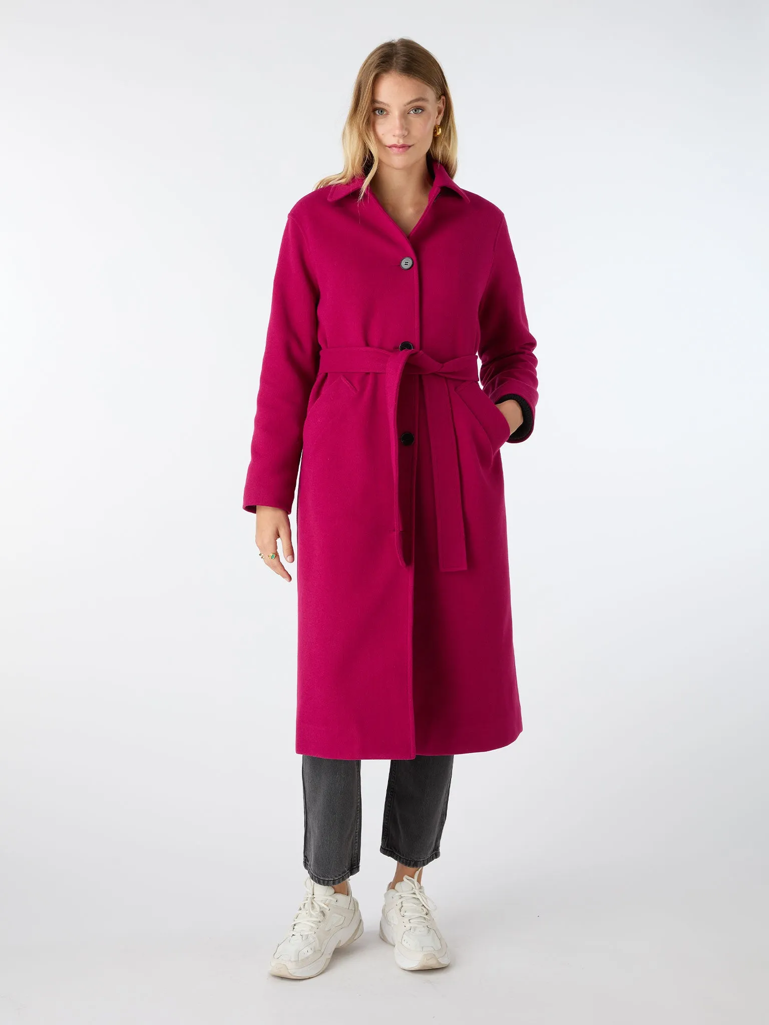 Vienna Single Breasted Belted Coat in Magenta