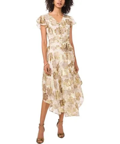 Vince Camuto Women's Metallic Print V-Neck Flutter-Sleeve Midi Dress