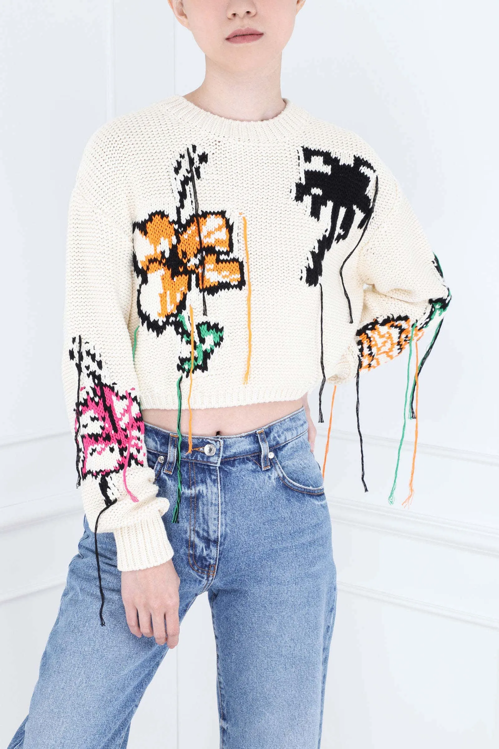 White Flower Fringe Sweater