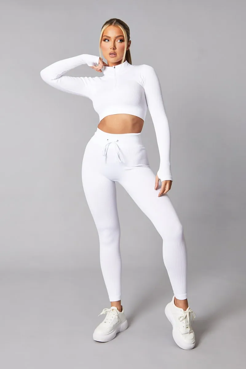 White Rib Knit Zip Front Crop Top & Leggings Set - Nico