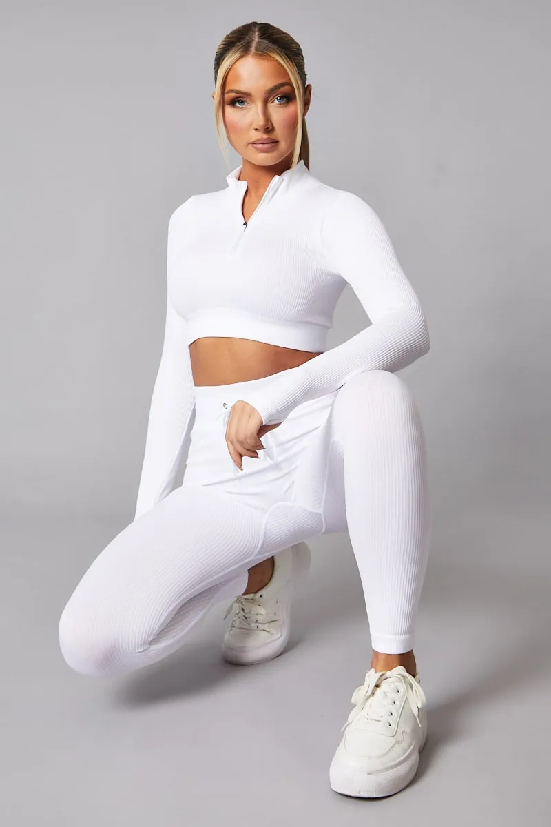 White Rib Knit Zip Front Crop Top & Leggings Set - Nico