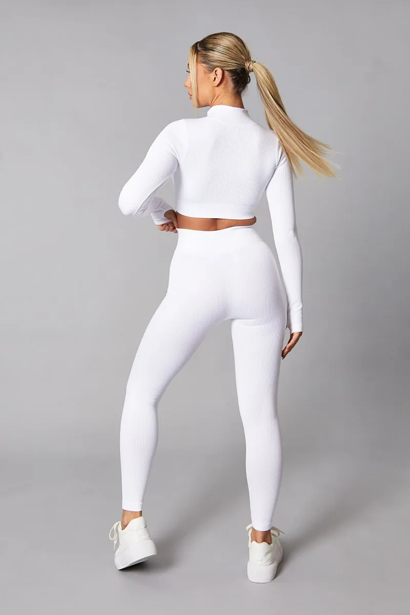 White Rib Knit Zip Front Crop Top & Leggings Set - Nico