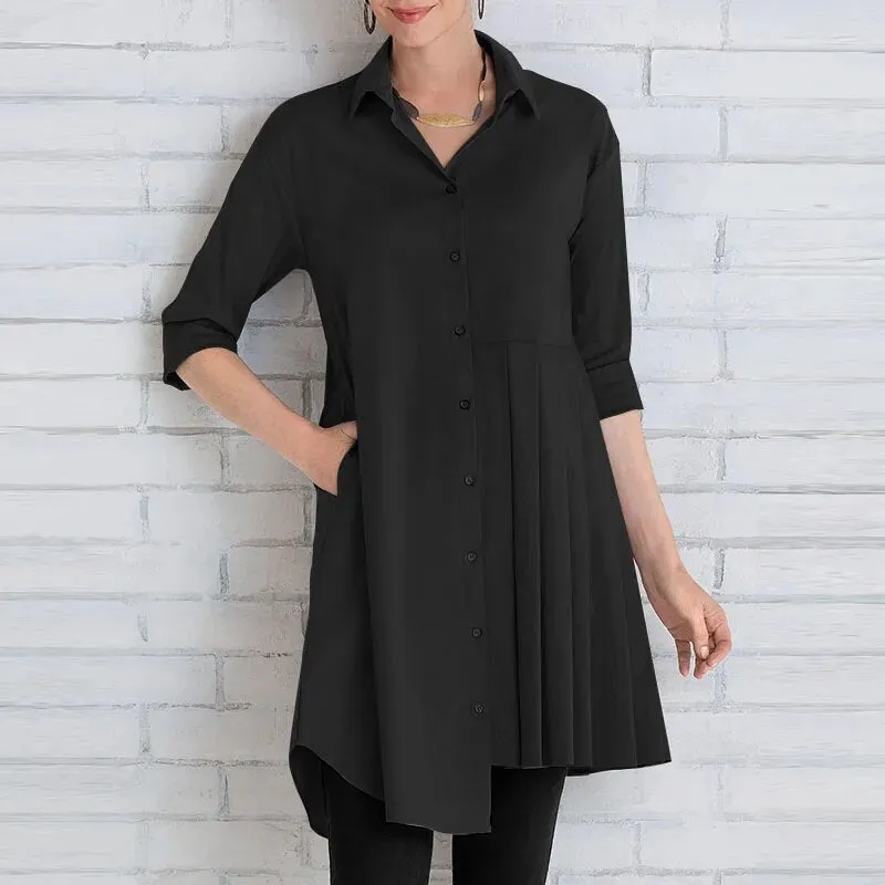 Women Shirts Lapel 3/4 Sleeve Blouses Asymmetrical Pleated