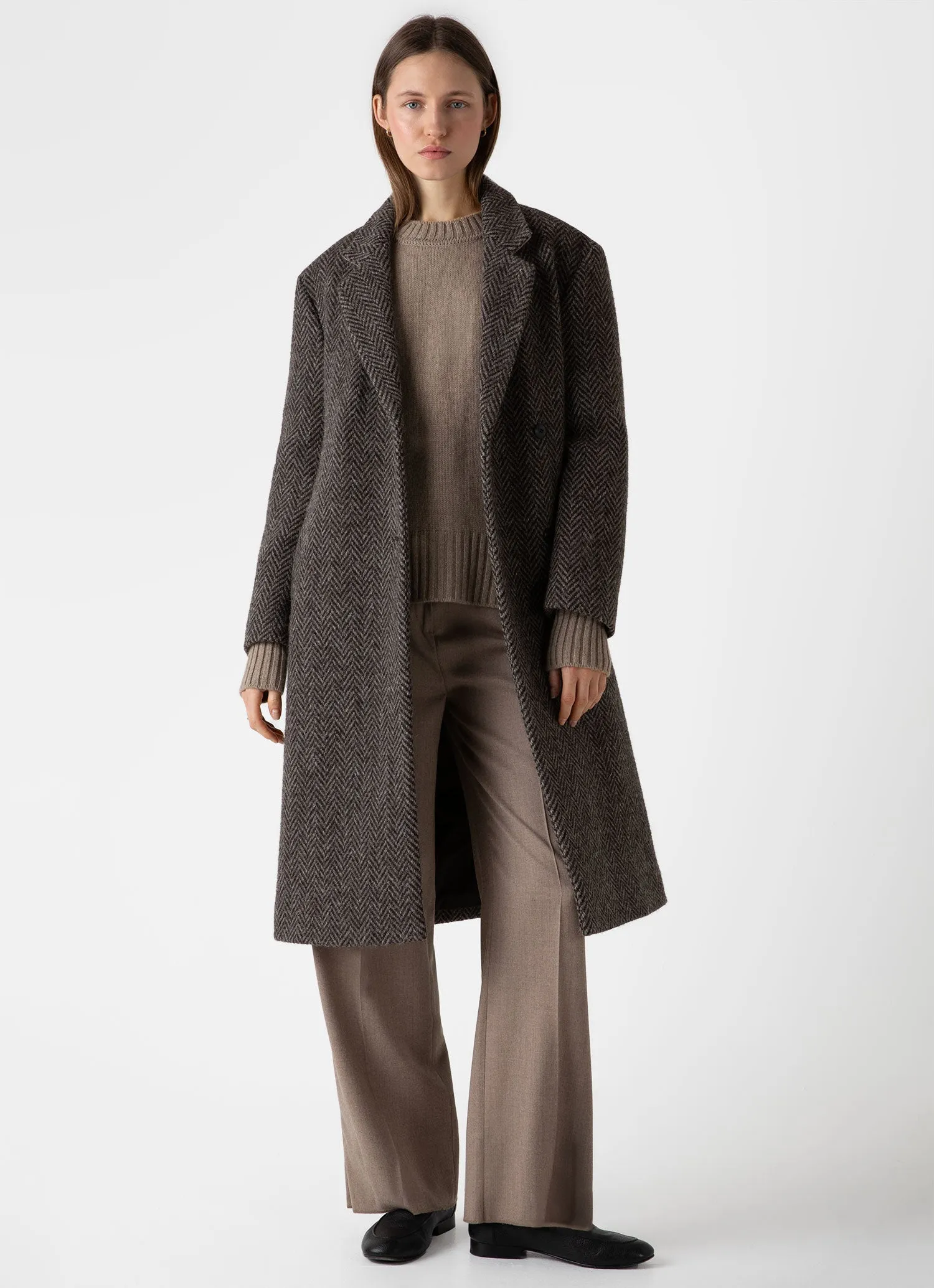 Women's British Wool Coat in Brown Herringbone