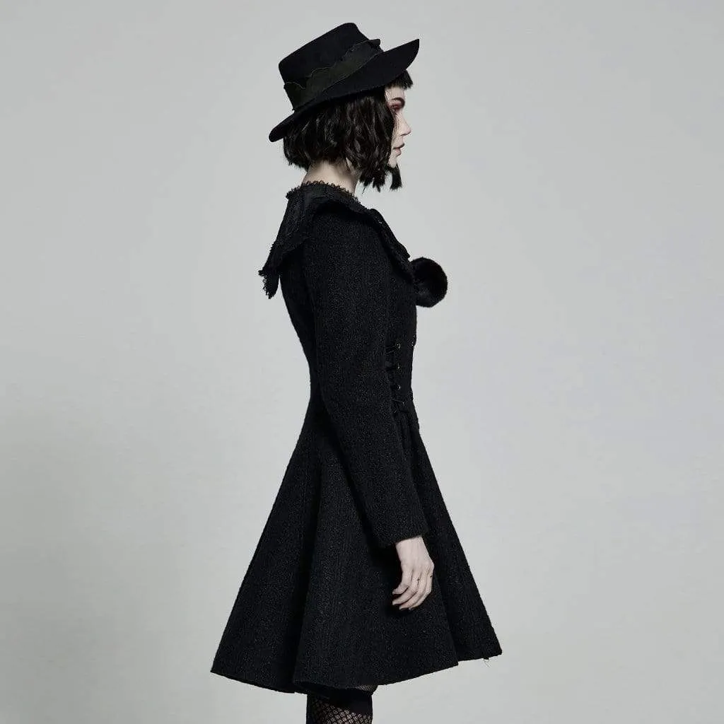 Women's Lolita Black Woolen Coat With Removable Collar