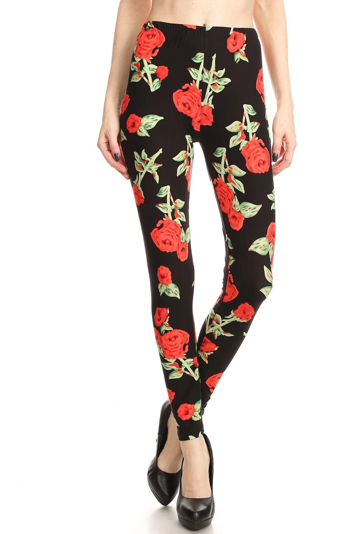 Women's Regular Red Rose STEM Floral Pattern Printed Leggings