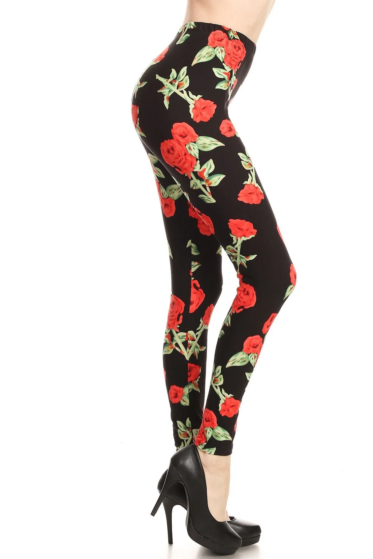 Women's Regular Red Rose STEM Floral Pattern Printed Leggings