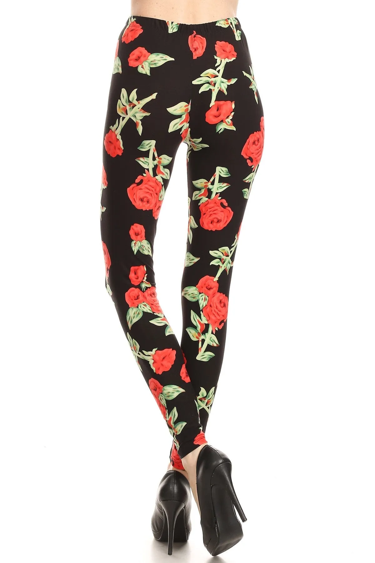 Women's Regular Red Rose STEM Floral Pattern Printed Leggings