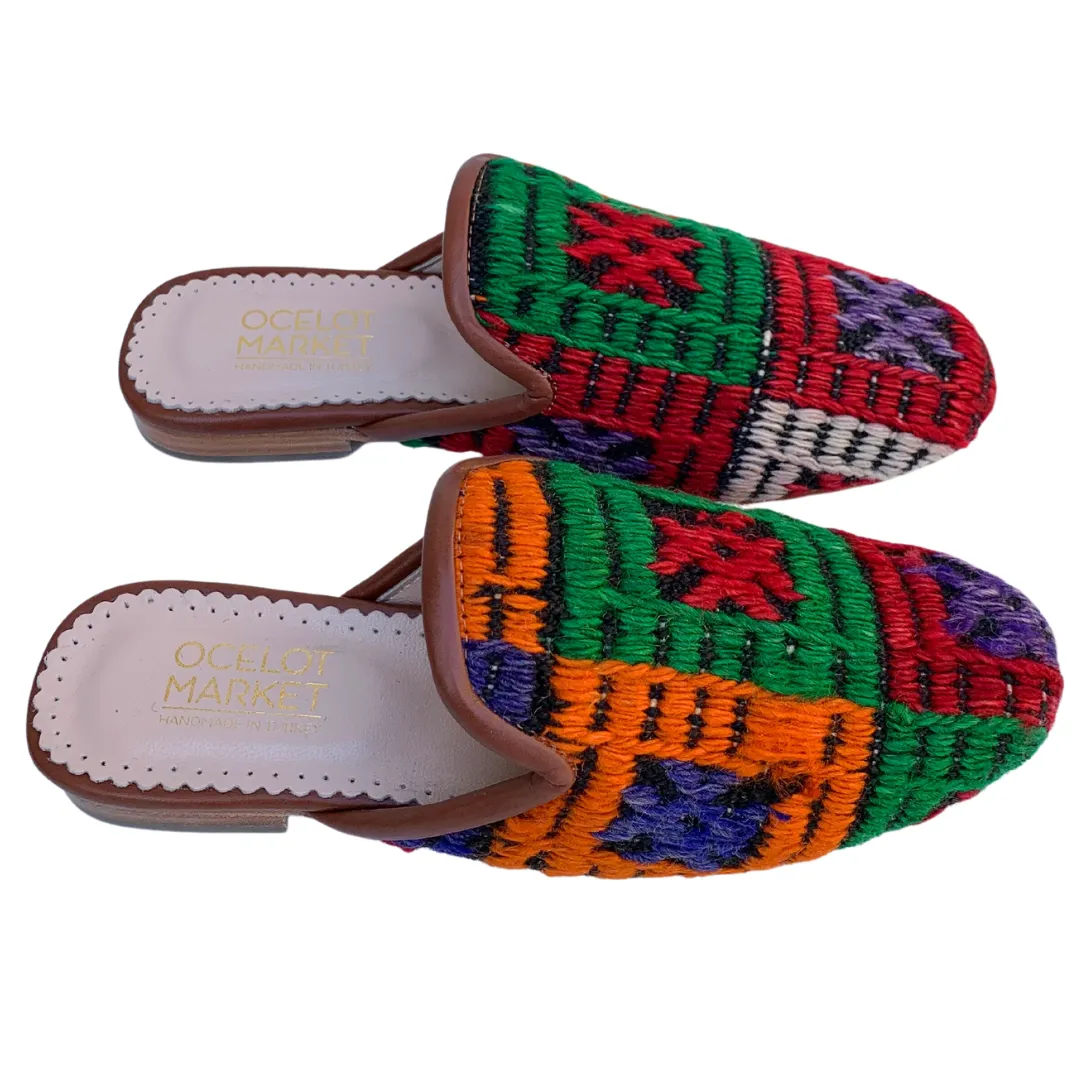 Women's Turkish Kilim Mules | Red, Orange, & Green Pattern