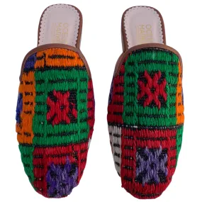 Women's Turkish Kilim Mules | Red, Orange, & Green Pattern